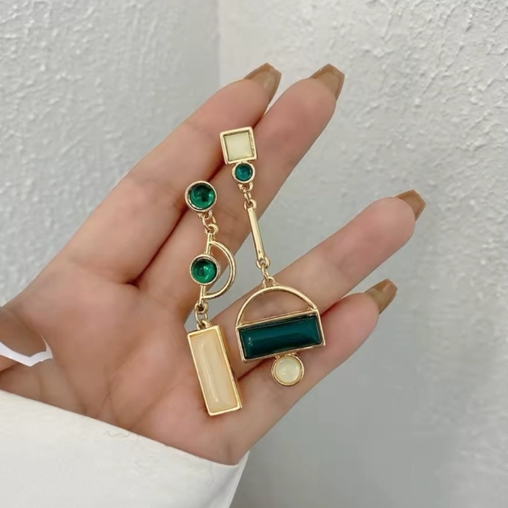 Gold Green Asymmetrical Geometric Earrings